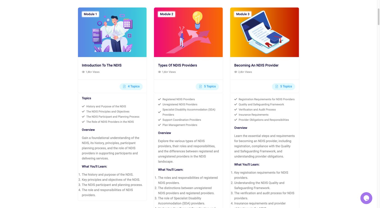 Modules overview of the NDIS Learning Hub
