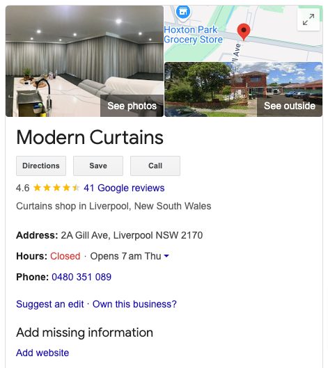 Screenshot of Modern Curtains Liverpool's Google profile
