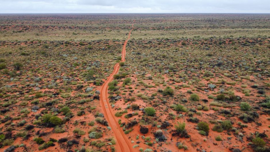 Explore the vast and rugged Australian Outback with this stunning aerial view showcasing a remote dirt road stretching to the horizon.